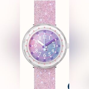 Flik Flak PEARLAXUS | Pink Glitter Silicone Strap | Multi-Coloured Dial